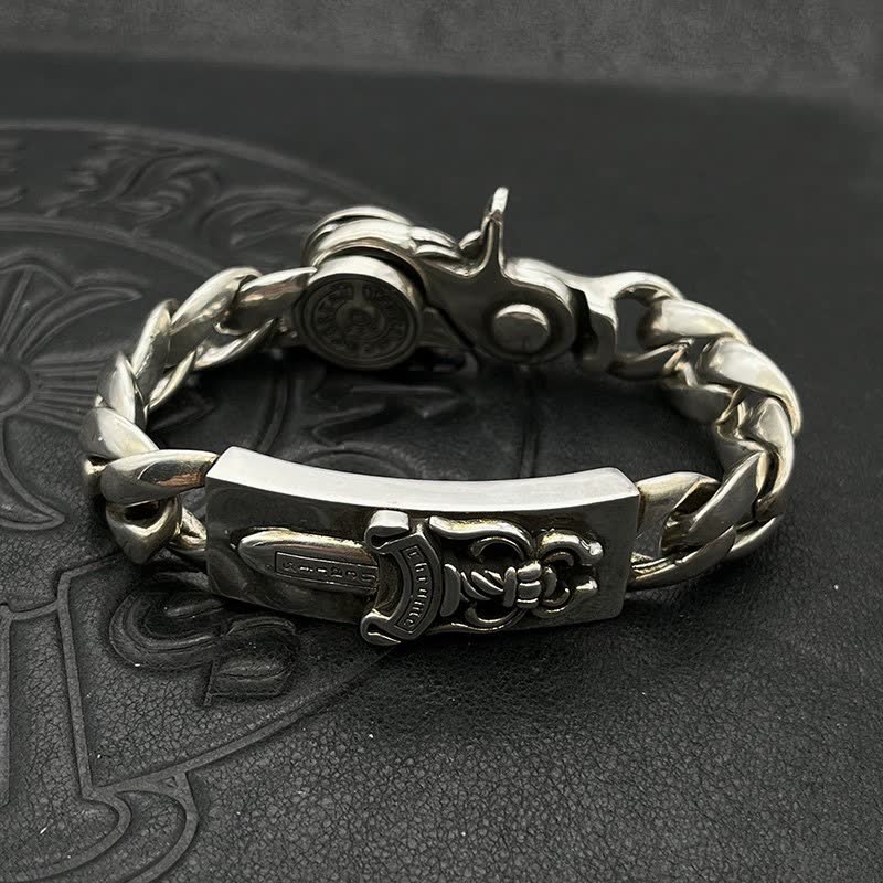 Chrome Hearts Silver Tone Chain Bracelet with Floral and Sword Design